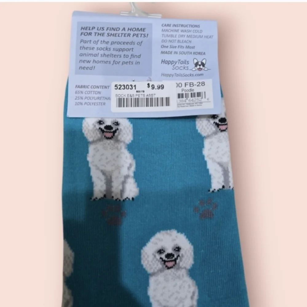 ❤️ 2/$12 NWT Happy Tails Teal Poodle Dog Crew Unisex Novelty Dog Socks Blue